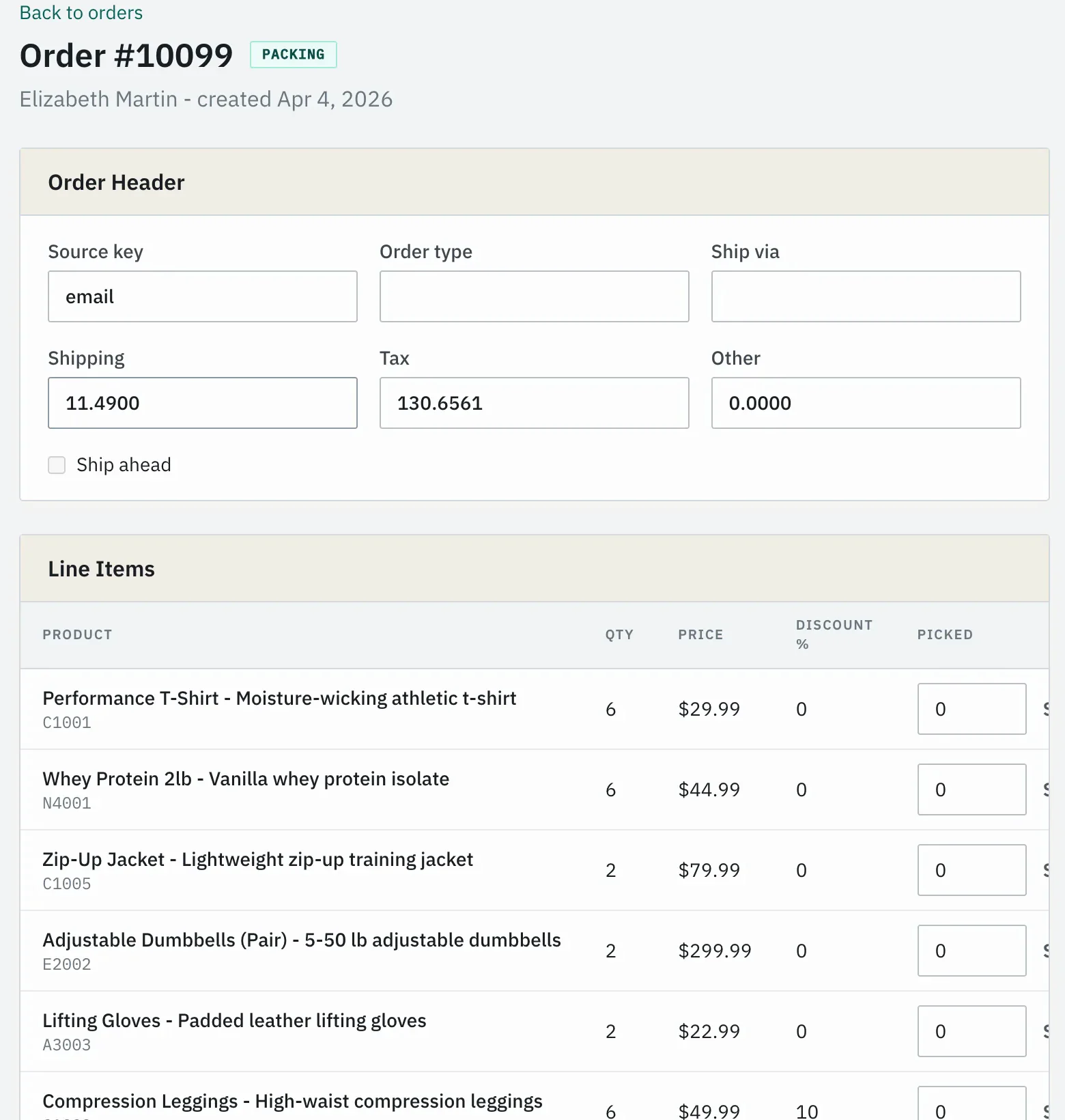 Order 10099 in Enabley at the packing stage, showing its order header and line items with quantity, price, discount, and picked count. Sample data.