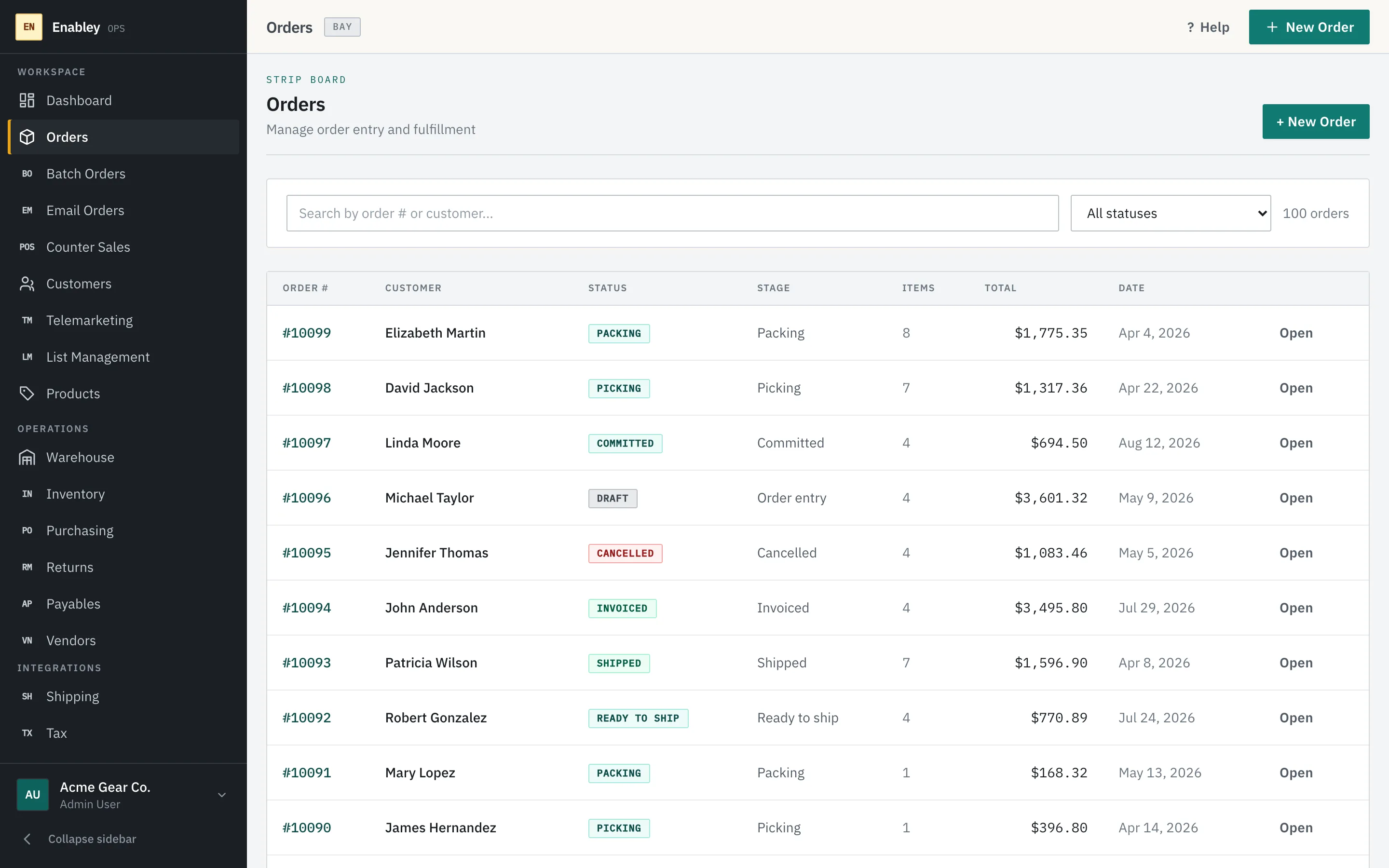 The Enabley orders screen listing orders for the Acme Gear Co. demo company, each with its status, stage, item count, total, and date.