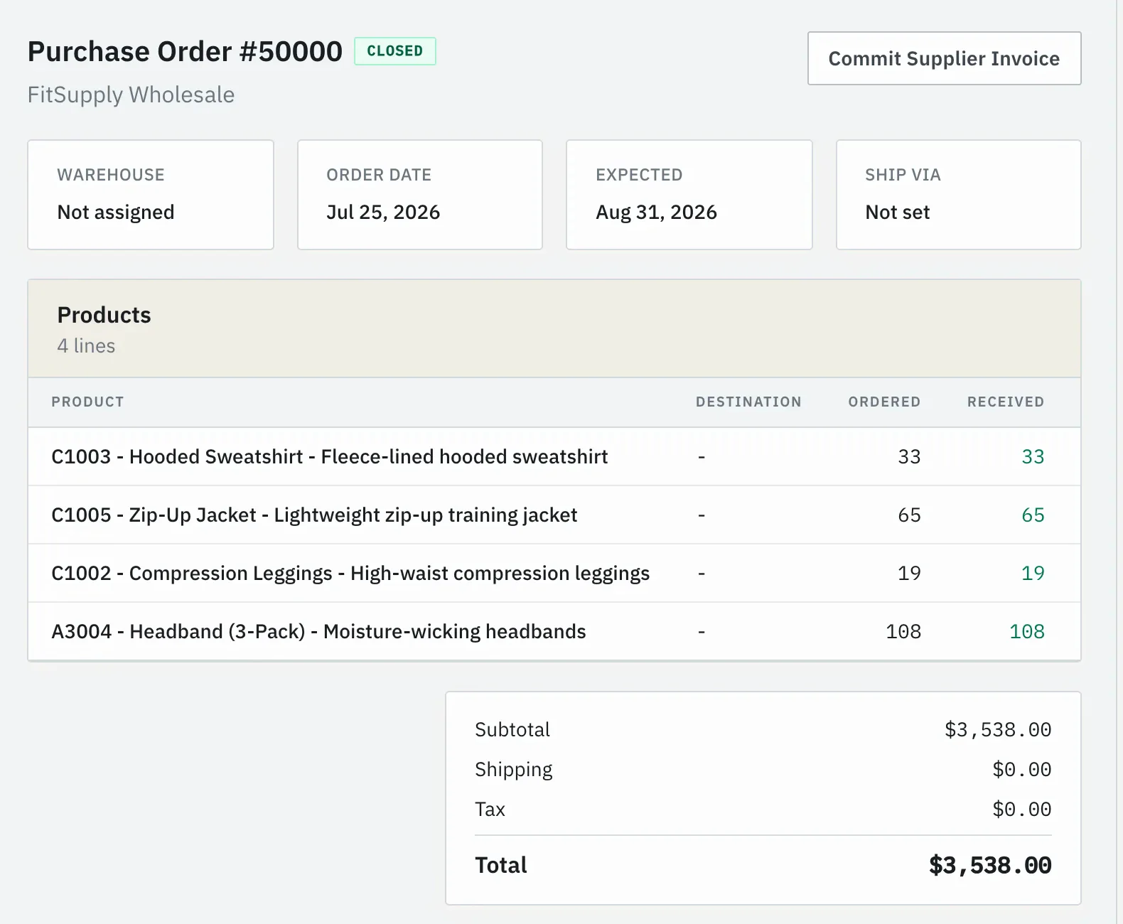 Closed purchase order 50000 from FitSupply Wholesale with four product lines, each showing the quantity ordered and received, and a total of $3,538.00. Sample data.